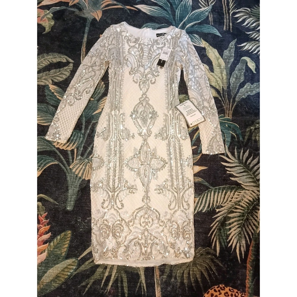 NWT Betsy & Adam Women's 2 White Silver Sequin Beaded Long Sleeve Dress $289